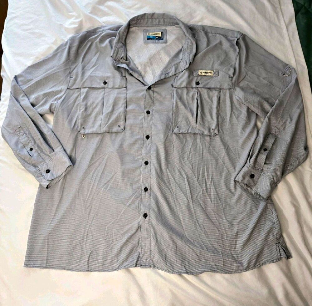 MAGELLAN Fishing Gear Mens Shirt 4XL Long Sleeve Vented Gray White Plaid NWOT
